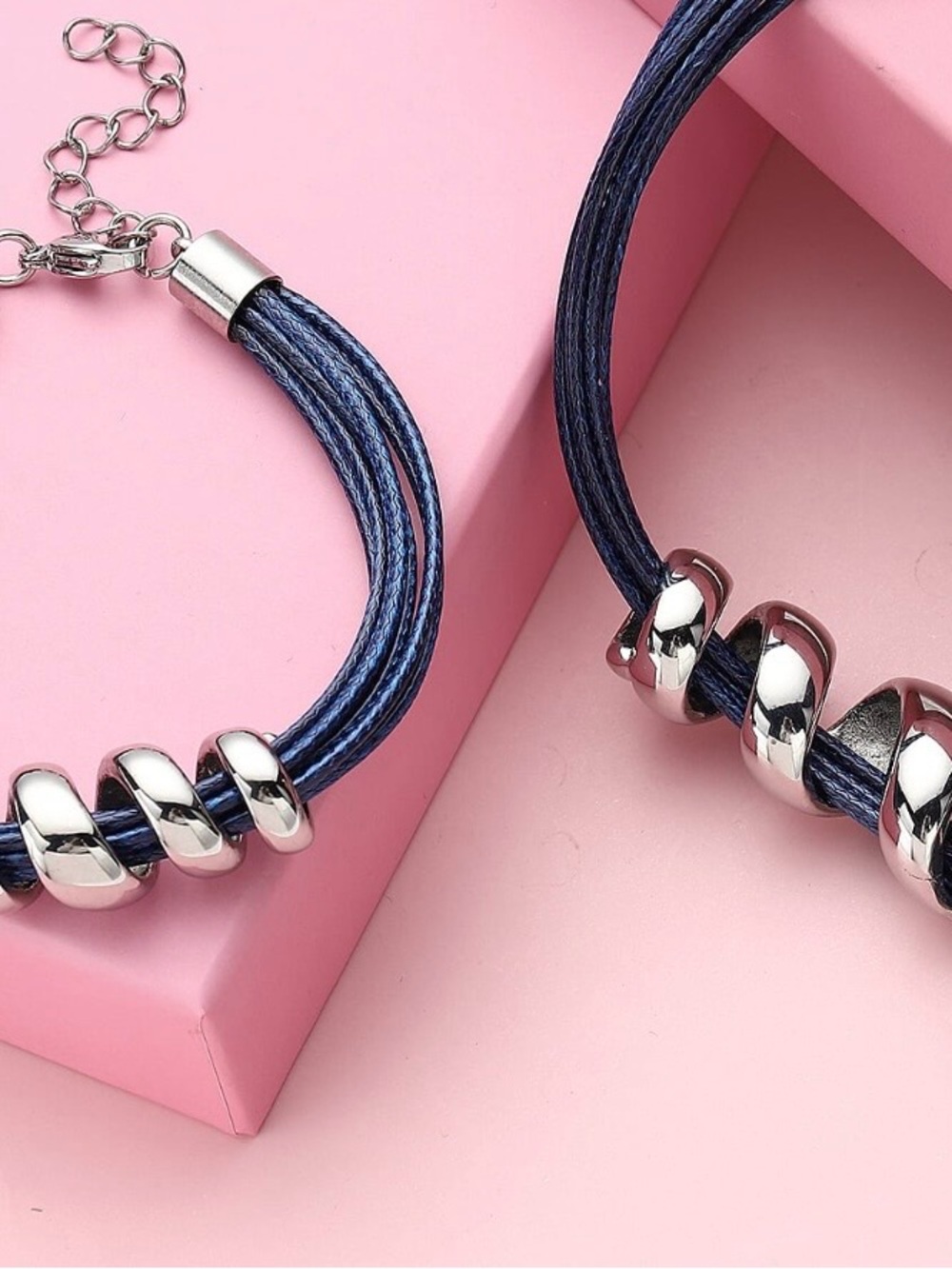 Blue Faux Leather Cord Bracelet 7” and Necklace 16” in Stainless Steel